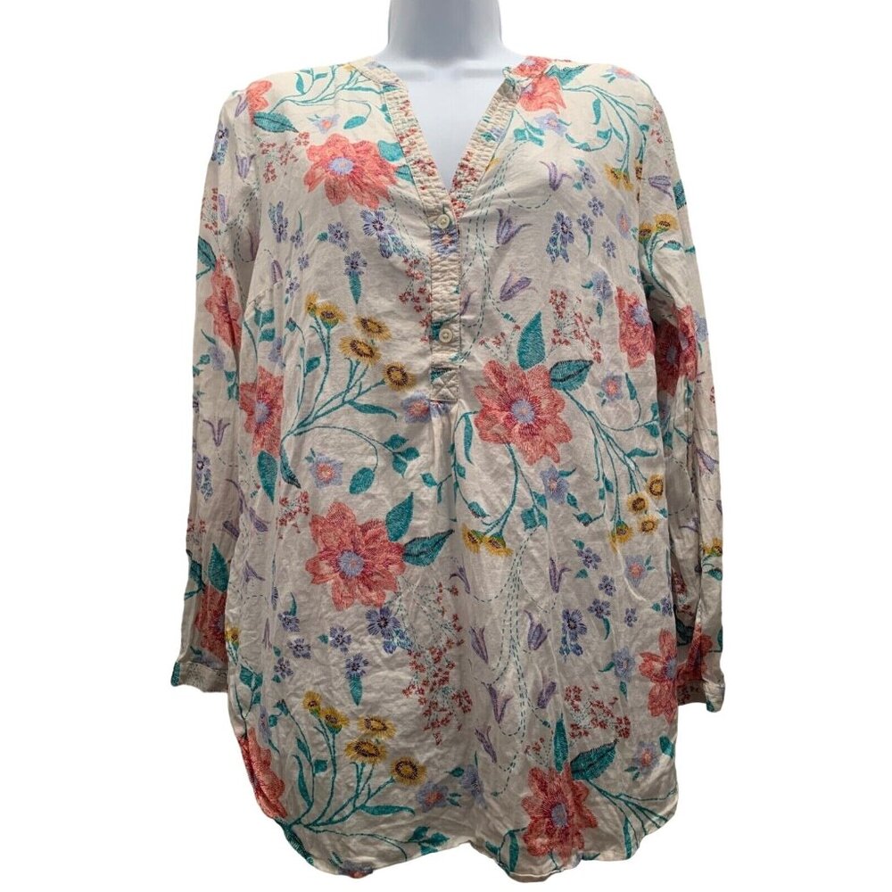 Old Navy Womens Top Sz M Beige Floral Fairy Boho CottageCore Popover 1/4-Button